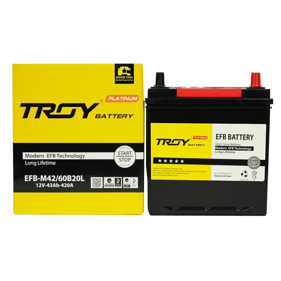Ắc quy Troy EFB M42 - 60B20L 12V 43AH | Công nghệ Cao Cấp, Ưu Đãi Tốt